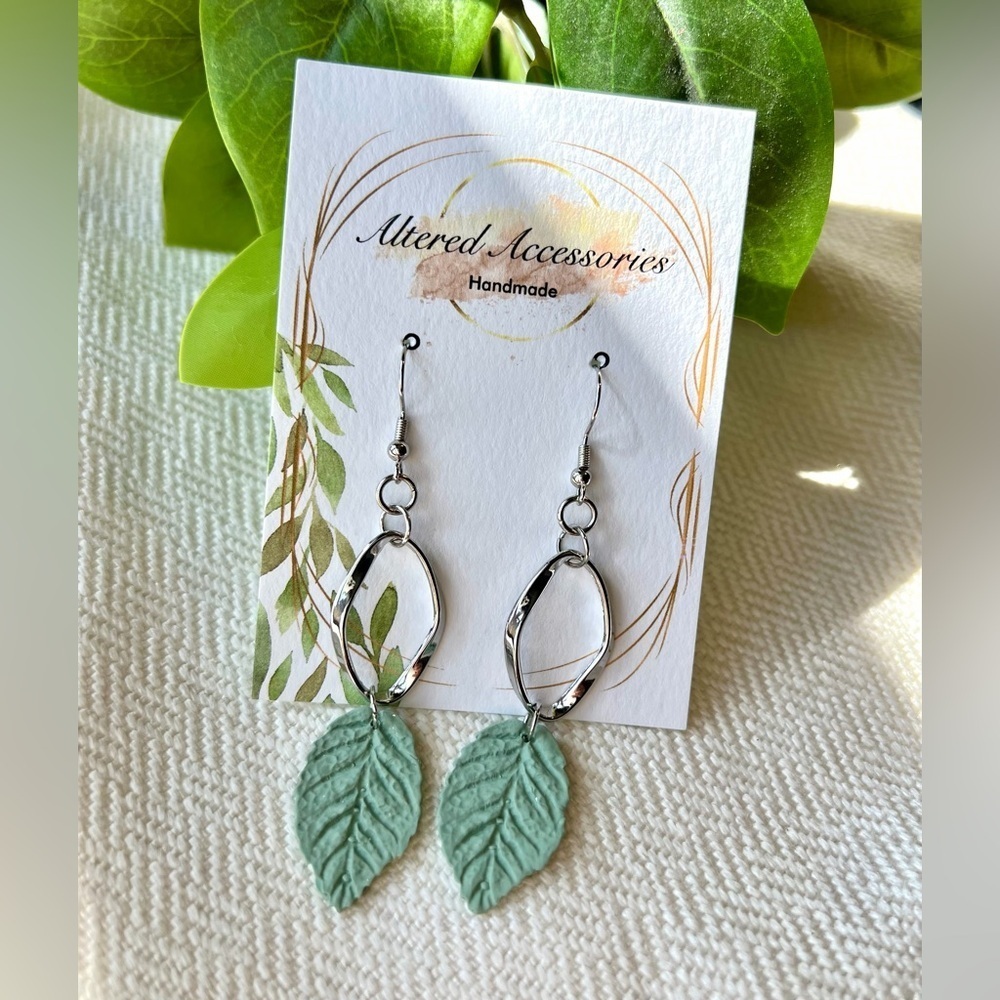 2/$30 Silver Hoop Green Leaf Earrings